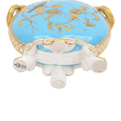 Royal Crown Derby moon flask, decorated with birds in branches upon a blue ground, with gilt detail, printed mark beneath, H20cm