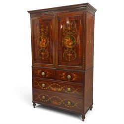19th century French Louis XVI design mahogany and polychrome painted gentleman's press wardrobe - projecting cavetto cornice with urn and bellflower painted frieze, the twin doors with classical figural medallions surmounted by urns and festoon decoration with scrolling acanthus leaves, enclosing five sliding trays, the base fitted with two short over three long cock-beaded drawers, the facias painted with interlocking swags and garlands of bouquets with recumbent lion brass handle-plates, lower reeded edge on turned feet