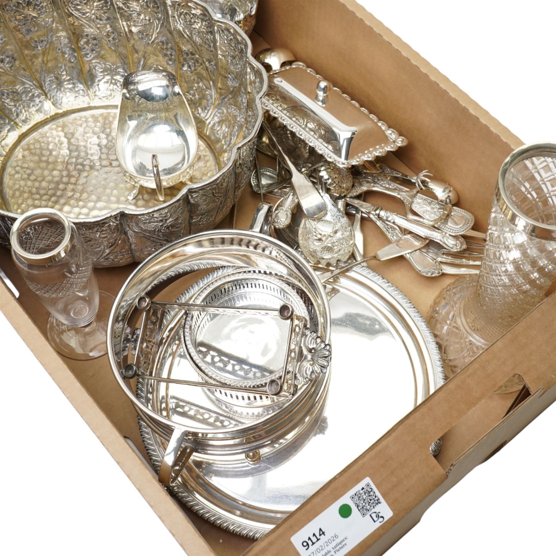 Two glass vases with silver rims, assorted plated cutlery, bowl, sauce boat etc