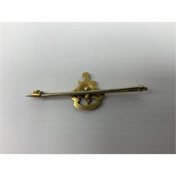 Royal Sussex Regiment 9ct gold sweetheart brooch with Regimental Association membership card to 6406670 Pte. Brock dated 1940; an 18ct gold pin badge enamelled with a shipping company (?) pennant; and an ARP button-hole badge (4)