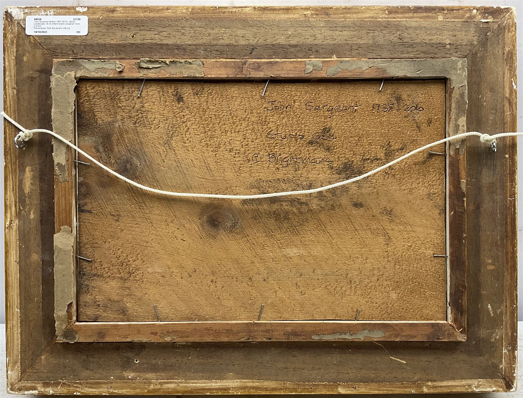 John Sergeant (British 1937-2010): Winter Landscape, oil on artist's board unsigned 19cm x 31cm
Provenance: from the artist's wife Carolyn's studio sale. Born in London, Sergeant moved to Faversham in Kent after his family was bombed out during World War II. He entered the Royal Academy Schools in 1959, where he won a Drawing Prize in 1961. After graduating, Sergeant taught part-time at art schools in Kent and worked on commissions including book jacket designs and a series of ‘room-portraits’ of interiors. He moved to Wales in 1983, and held the first of three exhibitions at the Maas Gallery in Mayfair in 1986. In 1989 the Prince of Wales (now King Charles III) asked Sergeant to contribute drawings to his book Visions of Britain; two years later Sergeant accompanied the Prince on an official visit to Prague, resulting in an exhibition. 