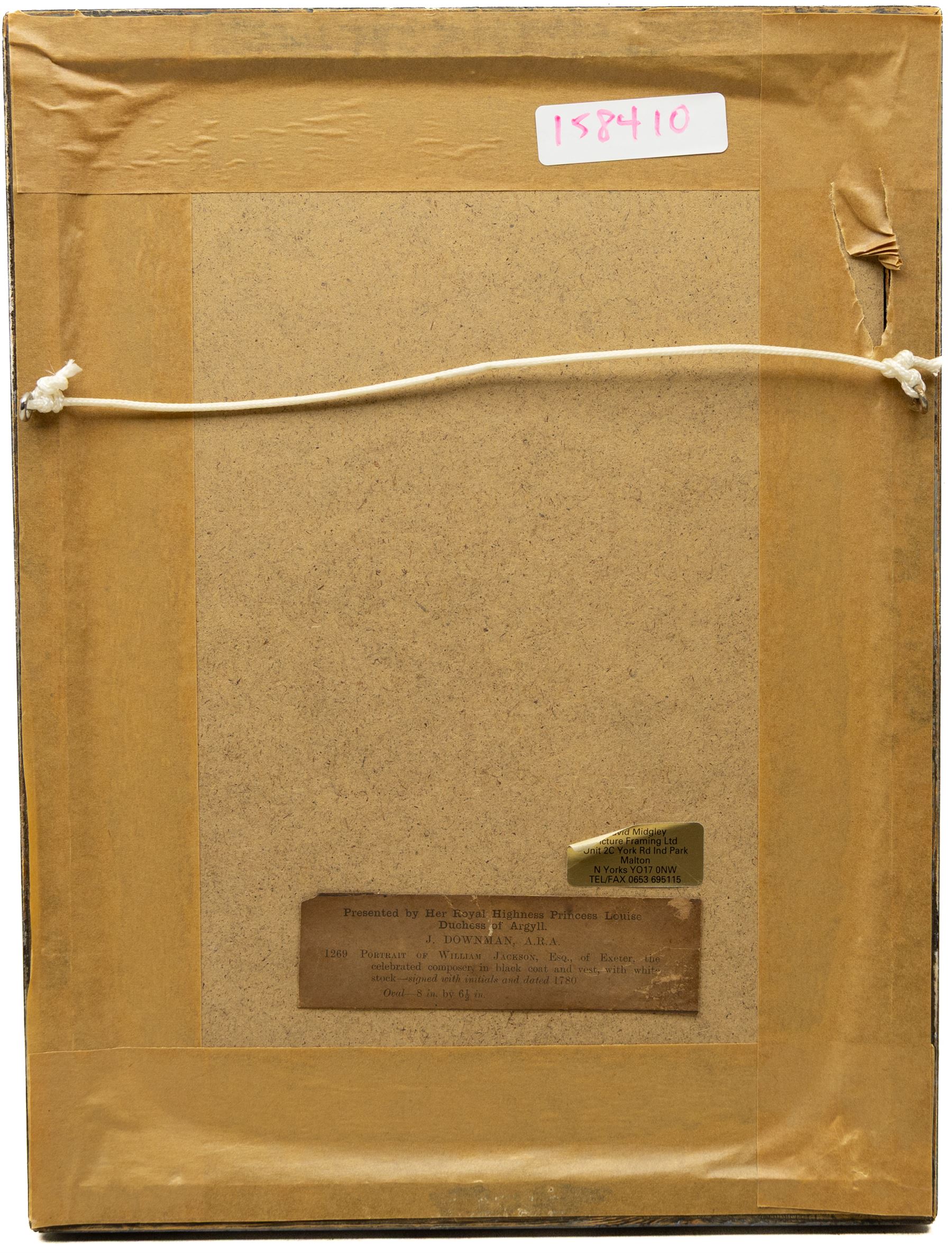 John Downman (British 1750-1824): 'Portrait of William Jackson Esquire of Exeter - The Celebrated Composer', oval watercolour signed with initials and dated 1780, inscribed below with label verso 20cm x 16.5cm
Provenance: Presented by Her Royal Highness Princess Louise Duchess of Argyll