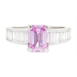 Platinum pink sapphire and diamond ring, single octagonal cut sapphire of approx 1.50 cara...