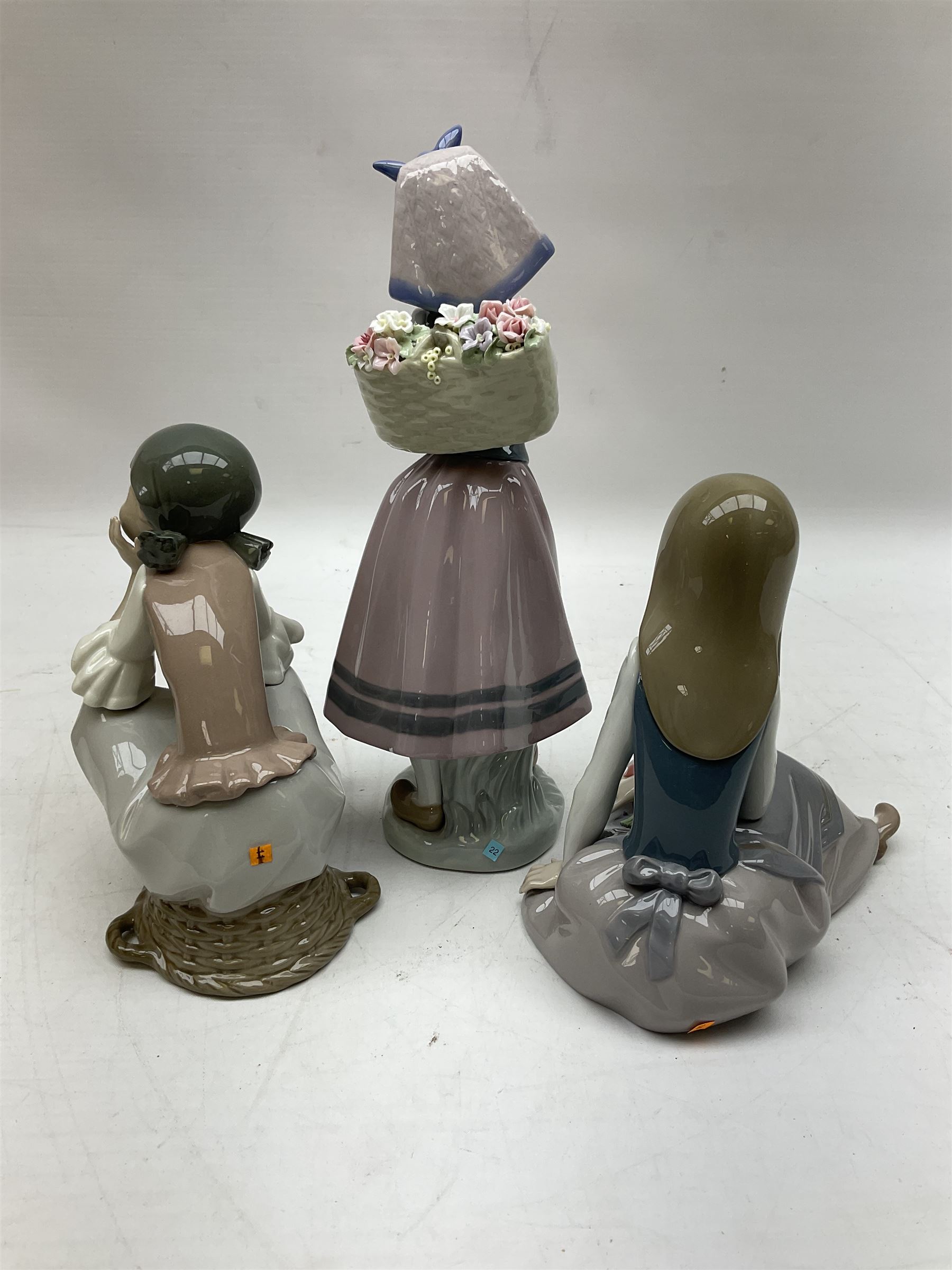 Three Lladro figures, comprising Pondering, no 5173, Nostalgia, no 5071 and Nature's Bounty, no 1417, all with original boxes, largest example H27cm