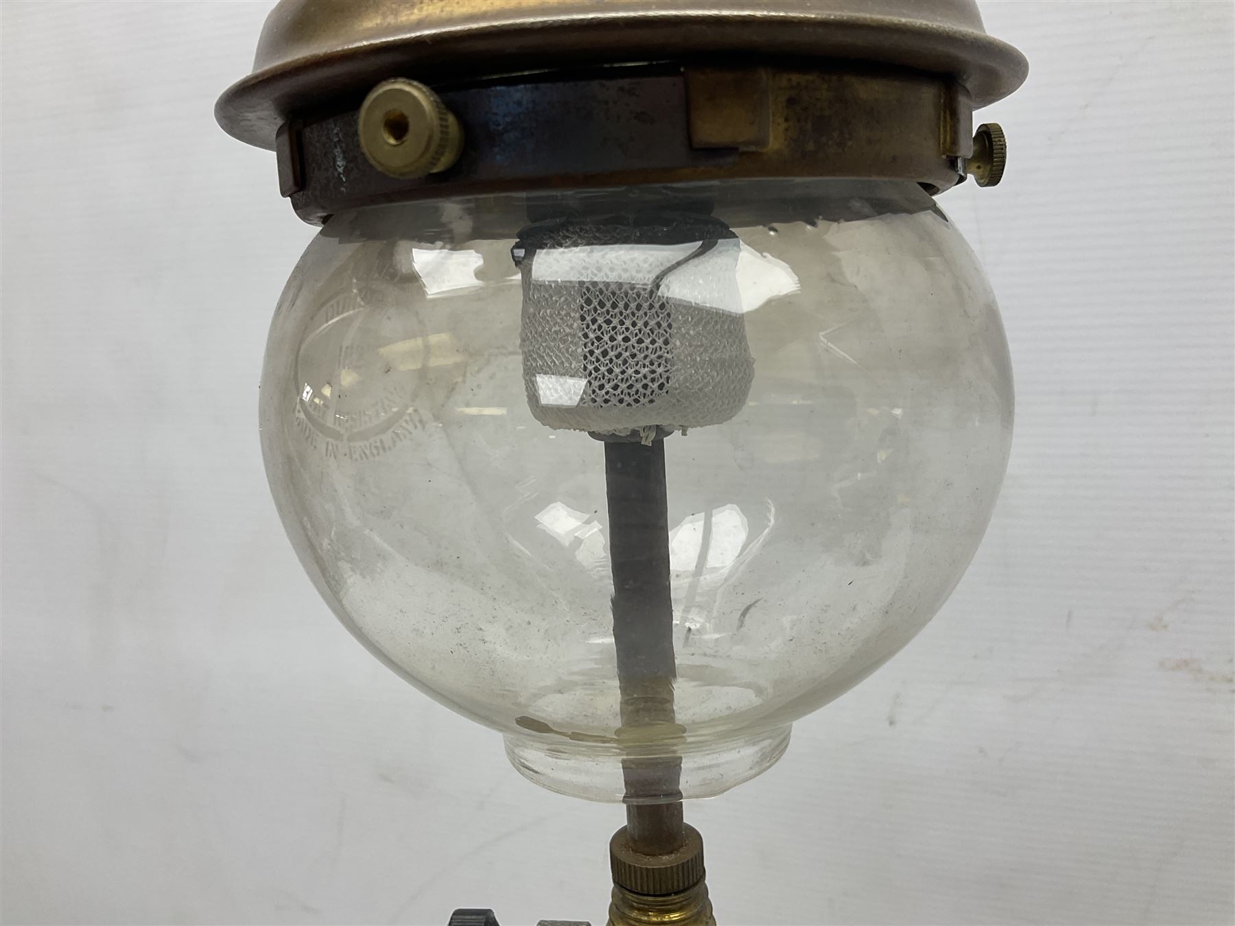 Mid century Tilley Table Model parffin lamp, with Tilley Durosil 182 glass globe shade, H53cm