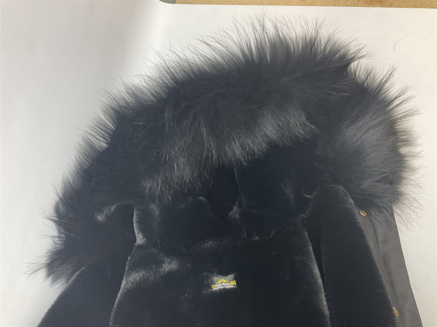 Posh Poms black raccoon fur collar parka coat lined with fur, new, unused 