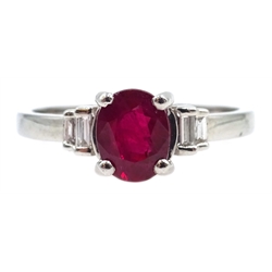 18ct white gold oval ruby and baguette diamond ring hallmarked, ruby approx 1 carat  