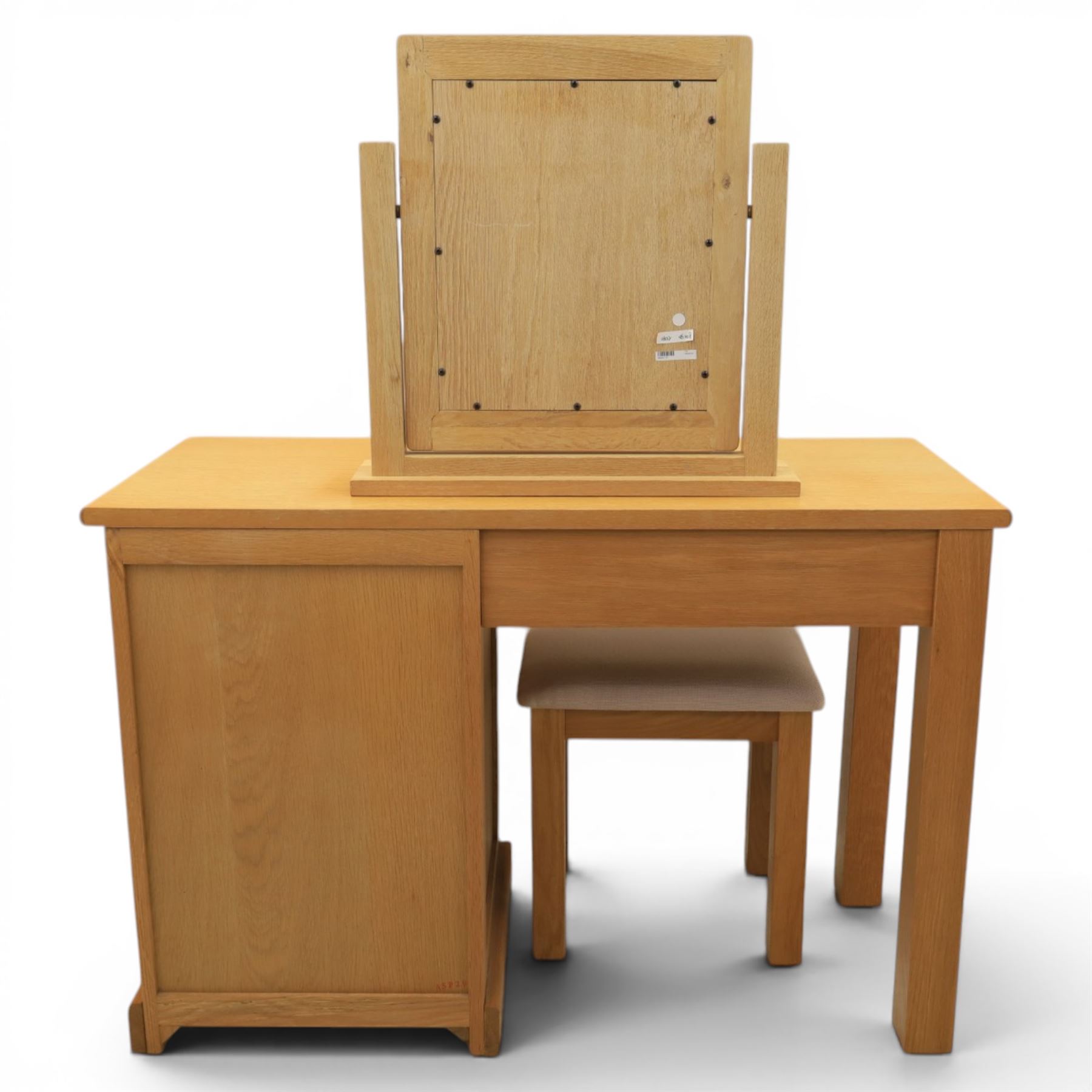 Contemporary oak dressing table, fitted with three drawers, with corresponding mirror and stool