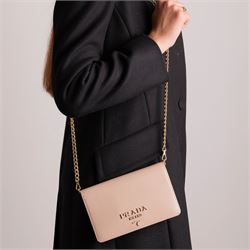 Prada - Saffiano Leather Mini Crossbody Bag, in structured nude-pink leather with detachable gold-tone chain shoulder or crossbody strap and hardware, Prada Milano raised logo, with crimson leather interior, unused with original dust bag