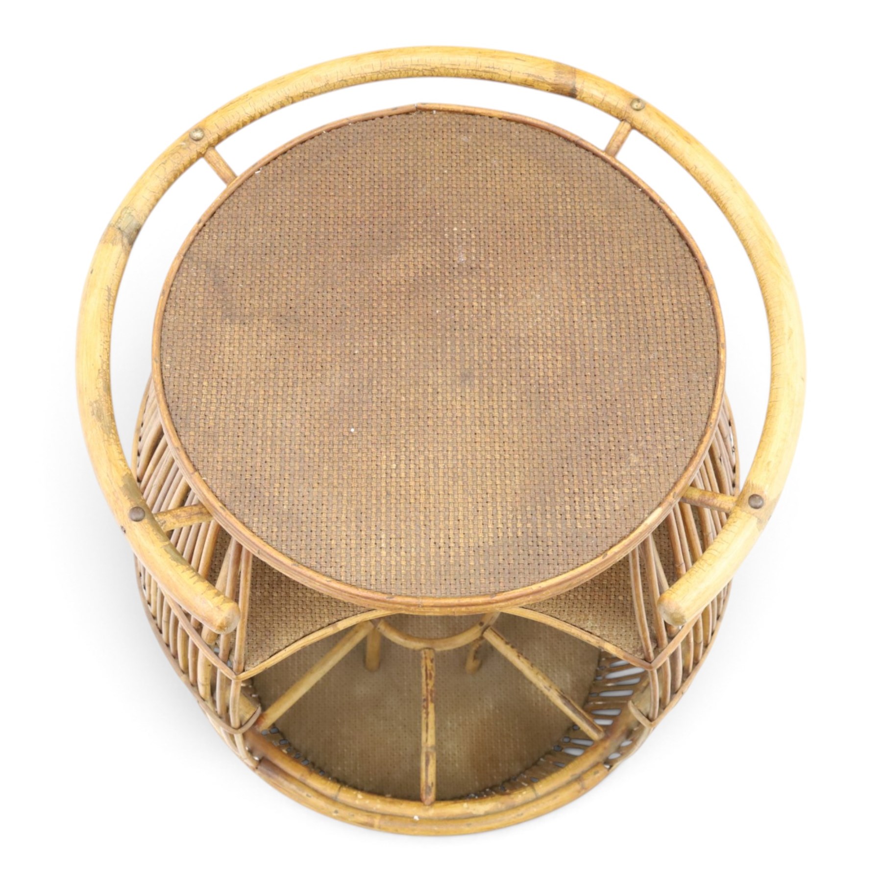 Italian mid-20th century barrel-shaped bar cart in rattan and bamboo, the circular top with rattan and bamboo handle, above a rattan shelf with bamboo bottle dividers below, raised on castors