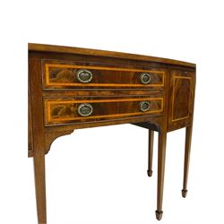 Georgian design mahogany and satinwood banded bow-front sideboard, fitted with two drawers and flanking cupboards, on square tapering supports with spade feet 