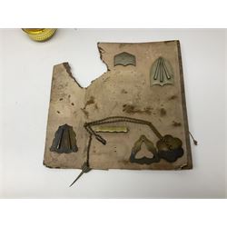 Pair of turned wooden goblets, six hardstone eggs, vintage slide rule and a leather letter rack, etc