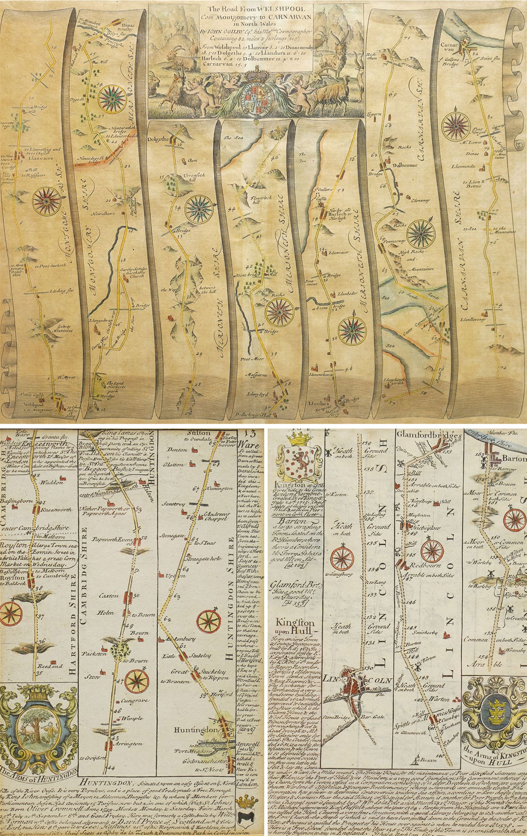 John Ogilby (British 1600-1676): 'The Road from Welshpool Com Montgomery to Carnarvan in North Wales', late 17th century engraved strip map with hand-colouring pub. c.1675, 35cm x 45cm; Emanuel Bowen (British 1694-1767) and John Owen (British 18th century): Lincoln to Kingston-Upon-Hull and Royston to Huntingdon, pair early 18th century engraved road strip maps with hand-colouring including the Arms of Kingston-Upon-Hull and Huntingdon, pub. Britannia Depicta; or, Ogilby Improv’d c.1720, 18cm x 12cm (3)