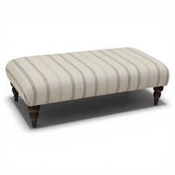 Footstool upholstered in striped fabric, with turned dark stained tapered feet
