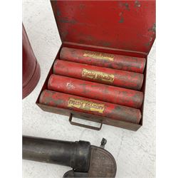 Antifyre Pistole fire extinguisher grenade launcher together with four cartridges (one lacking contents) in original storage tin, together with a red painted fire bucket