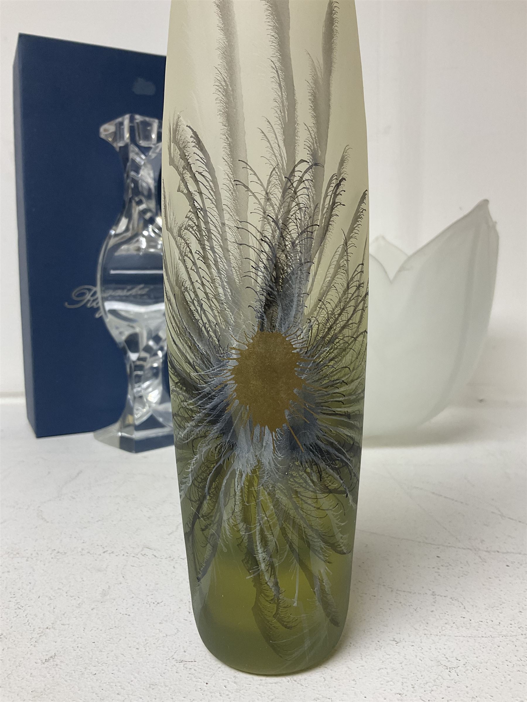 Late 20th century art glass, to include a Robert Held vase, of baluster form with iridescent swirl design, two frosted glass vases with peacock feather design on green and white ground, frosted glass tulip shaped bowl with smoke design and a Rogaska Crystal cobra candlestick, tallest vase 27cm