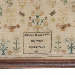 Early Victorian needlework sampler inscribed 'Hannah Maria Smith. Her Work, Aged 9 Years 1838' with alphabet, numerals, verse, trees etc 31cm x 33cm