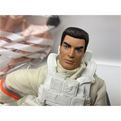 Action Man - large collection of 1960s and later figures and accessories including Spaceman with ATLRV vehicle; two figures marked 'Made in England by Palitoy under licence from Hasbro 1964'; twenty-five assorted weapons; radio backpacks; kit bags; twenty-one pairs of boots; football boots and snow shoes; metal diver's boots and three pairs of flippers; two pairs of jackboots; roller skates; various tunics, trousers, flying suits, jumpers, belts etc; twenty helmets, berets, busby, kepis, submariner etc; and quantity of other accessories