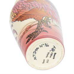 Dennis Chinaworks, Cockerels vase, dated 2005, baluster form decorated with red lustre cockerels on a white ground, limited edition 5/25, printed and painted marks beneath, H21cm