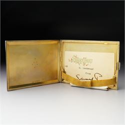 Royalty Interest - Engine turned silver cigarette case with gold crowned cypher, the gilded interior with a greetings card signed 'Edward' and an Egyptian cigarette 11cm x 8cm Birmingham 1925 Maker Adie Bros. Ltd in the original gilt tooled leather case marked 'Hartley, 45 Albemarle St., London'