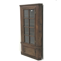  Tall Georgian style pine cylinder back corner cupboard, moulded cornice, astragal glazed door enclosing three shaped shelves, single cupboard, plinth base, W89cm, H173cm, D38cm  