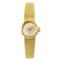 Eterna ladies 18ct gold manual wind wristwatch, on integrated 18ct gold bracelet, London import mark 1967