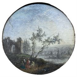 French School (Early 19th century): Figures Beside Lakeside Castle, circular oil on panel unsigned 10cm x 10cm
