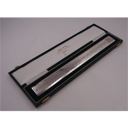 Modern silver 'Premier Rule' ruler, by Richard Jarvis of Pall Mall, engraved with the names and dates of British Prime Ministers from 1721 to 1997,  hallmarked Richard Jarvis, London 2003, L33.5cm, within silk and velvet lined fitted case
