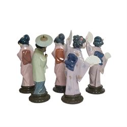 Five Lladro Japanese figures, comprising Oriental Spring no 4988, two Chrysanthemum no. 4990 and two Madame Butterfly no. 4991