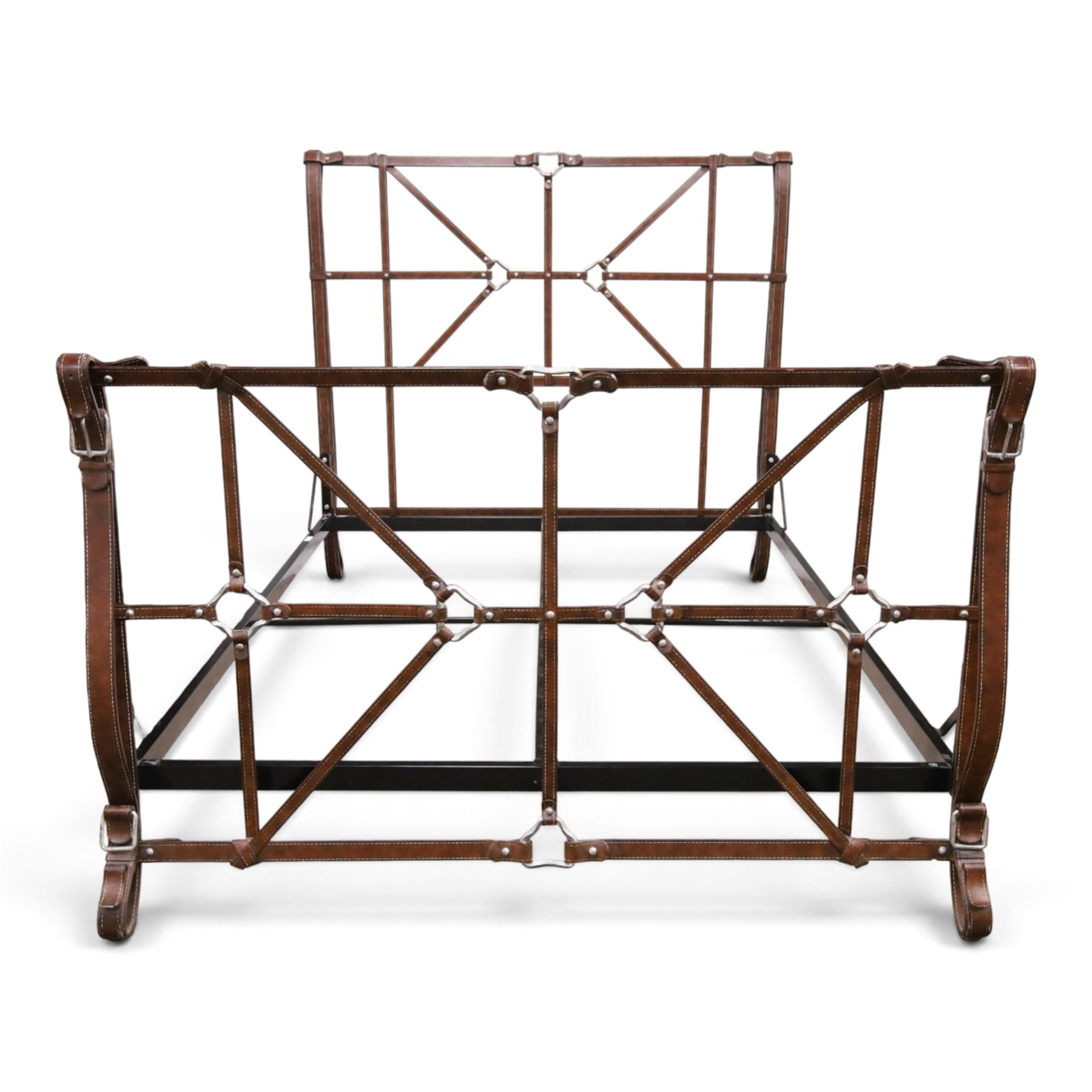 And So To Bed - 'Handel' double bed in the style of Jacques Adnet for Hermes, the metal head and footboards with equestrian tack style leather covering
