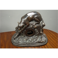  Early 20th century cast metal clock case, cast with panther on naturalistic base, bronze patination (W40cm), and a late 19th century black slate clock case, W31cm  