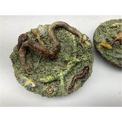 Late 19th Century Portuguese majolica 'Palissy' style wall plate by Jose A. Cunha Caldas Rainha, naturalistically modelled in relief with a snake, worm, lizard and butterflies on a shredded clay ground, with impressed mark beneath, D23cm, together with another similar smaller example stamped Hafra Galdas Portugal