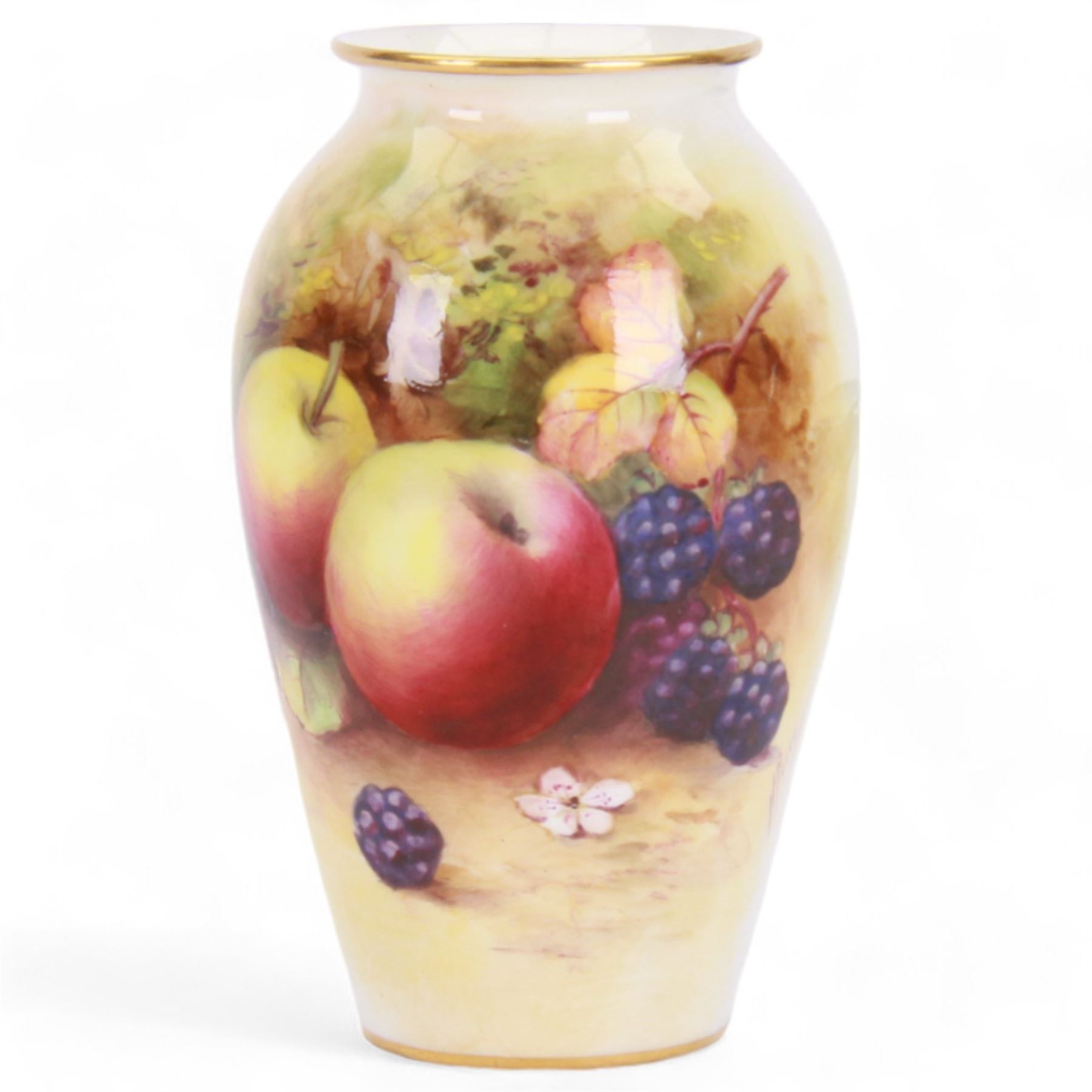 Royal Worcester fruit painted vase, hand painted apples and blackberries, shape no 461 signed N Price, H11cm