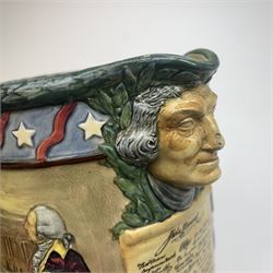 Royal Doulton The George Washington Jug, designed by Charles Noke and Harry Fenton a bicentenary jug modelled in relief with scenes relating to the signing of the Declaration of Independence, the handle in the form of the U.S. flag, H27cm