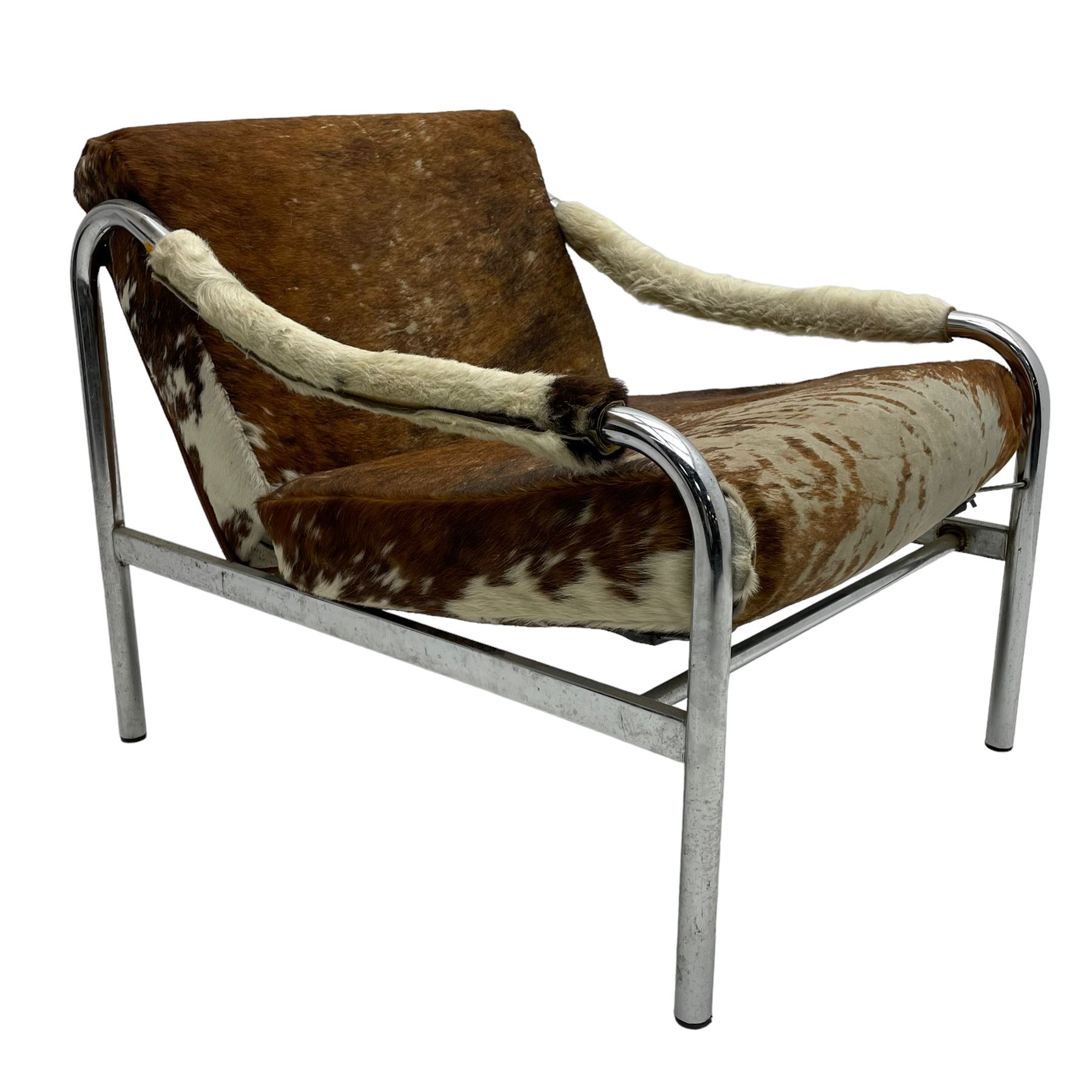 Tim Bates for Pieff - 1970s 'Beta' armchair, chrome frame with leather seat pad, the loose cushions and arms upholstered in tricolour cow hide
