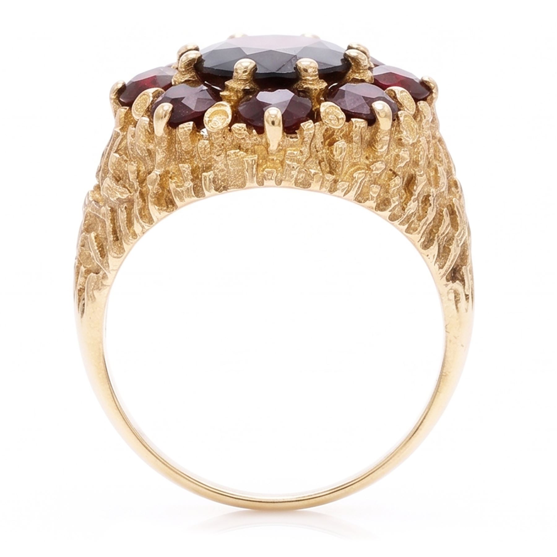 9ct gold garnet cluster ring, set with nine round cut garnets, with textured gallery and shoulders, hallmarked