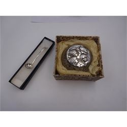 Group of silver, comprising silver mounted cigarette box, engraved with initials,  sauce ladle, twin handled open sucrier, glass jar with silver lid embossed with cherubs and a miniature scent bottle with engraved leaf decoration and initials, all hallmarked, cigarette box H5.5cm