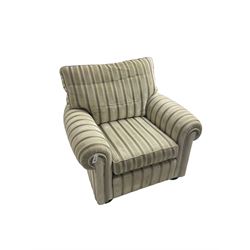 Duresta - 'Waldorf' armchair, in neutral striped fabric, on compressed bun feet