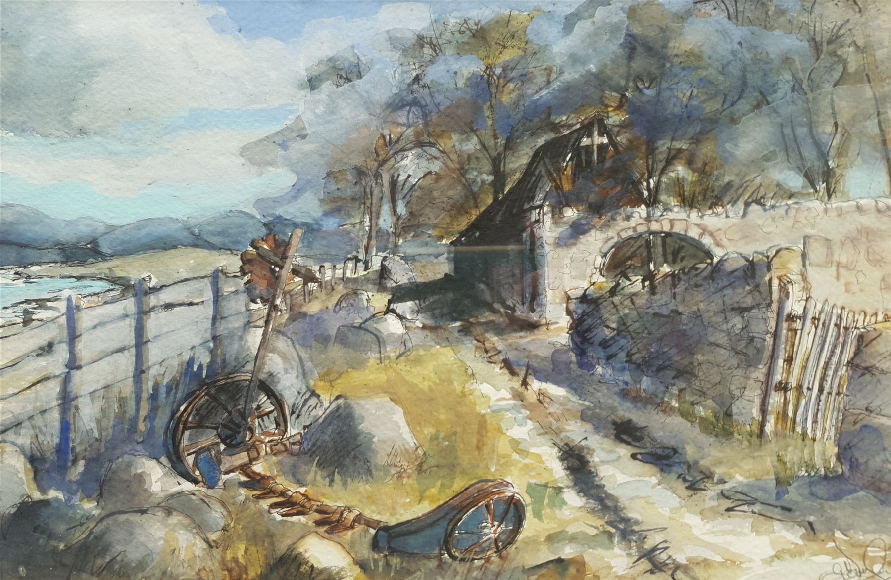 Gill Douglas (Northern British 1944-): 'Journeys End - Isle Ewe Wester Ross', watercolour signed, titled verso 24cm x 36cm 
Notes: Originally from Newcastle upon Tyne, at the age of 28 Gill moved to study Theatre Design at Art College in Nottingham.  On completion of her Diploma, in 1976,  she moved to York to establish herself as an artist and print maker.