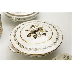 Extensive Royal Worcester Bernina pattern table service comprising thirteen dinner plates, twelve dessert plates, nine two handled soup bowls and stands, twelve side plates, three vegetable dishes and covers, pair of sauce boats and stands, two graduated oval meat plates, eleven tea cups, fourteen saucers, sixteen tea plates, coffee pot and eight coffee cups and saucers, (113 pieces) 