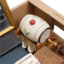 Case of dentist implements, cigarette card album, various loose cards, cigarette dispenser, die cast model vehicles, Lord of the Rings film cell montage etc