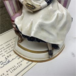 Royal Worcester limited edition figure, Sister St Thomas Hospital (London), no 180/500, modelled as a nurse in uniform, sitting on a striped wingback chair, with printed mark beneath, in original box with certificate, H16cm