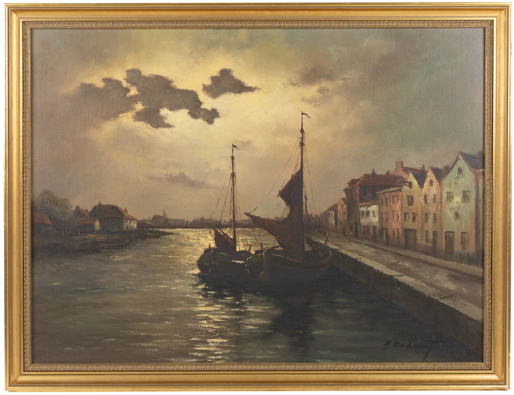 Continental School (20th Century): Harbour Scene, oil on canvas board indistinctly signed 58cm x 78cm; E Atkins (19th Century): Pastoral Scene, oil on canvas indistinctly signed and dated 1879, in gilt frame, 30cm x 60cm (2)