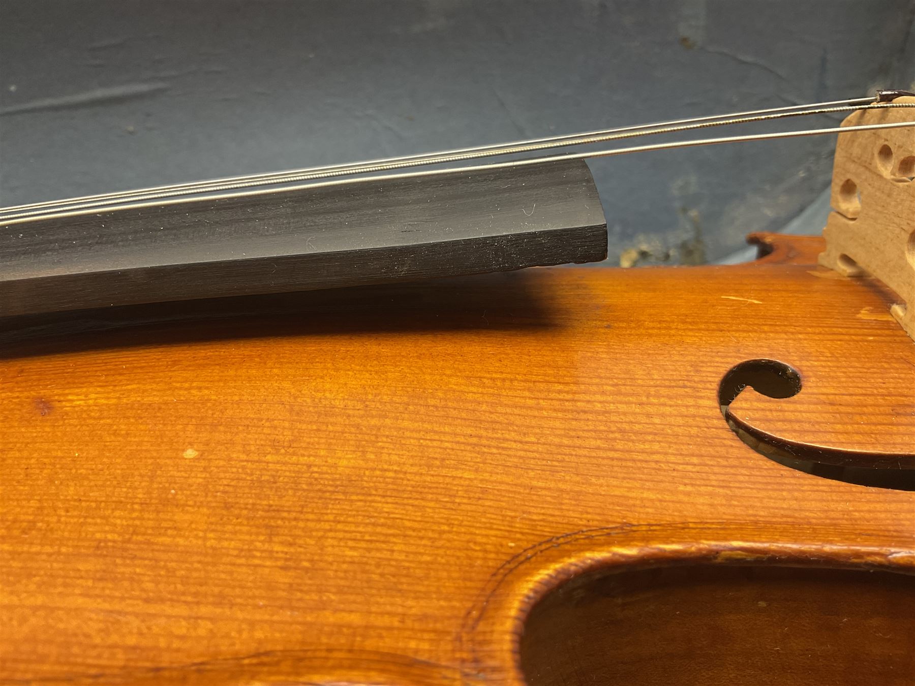 20th century French violin with 36cm one-piece maple back and ribs and spruce top L59cm overall; in mahogany stained wooden carrying case