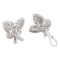 18ct white gold pave set diamond butterfly suite including ring, pair of stud earrings and pendant / brooch, all stamped 750