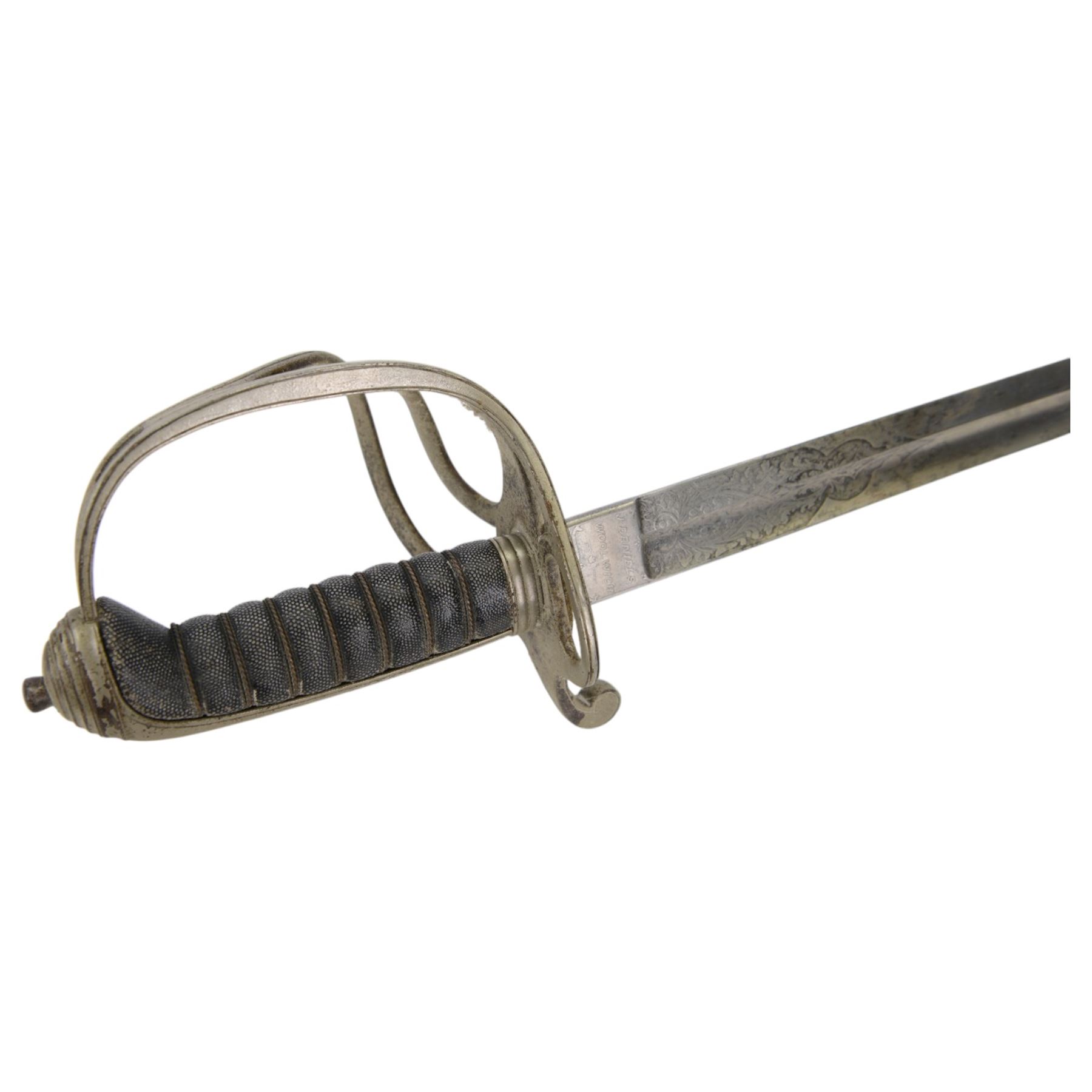 British Artillery Officer's sword by J. Daniels & Co, Artillery Place Woolwich, the 88cm steel blade engraved Durham R.G.A (H.E), wirebound fishskin grip, chequered backstrap and stepped domed pommel, in brown leather scabbard, overall L104cm