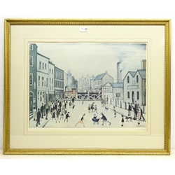  Laurence Stephen Lowry RA (Northern British 1887-1976): 'Level Crossing Burton-on-Trent', limited edition coloured lithograph signed in pencil with Fine Art Guild blind stamp numbered CFH, 44cm x 58cm   DDS - Artist's resale rights may apply to this lot  
