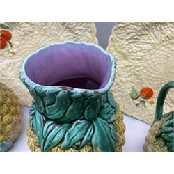 Set of three majolica pineapple jugs, together with Carlton ware crute and similar ceramics, largest jug H20cm