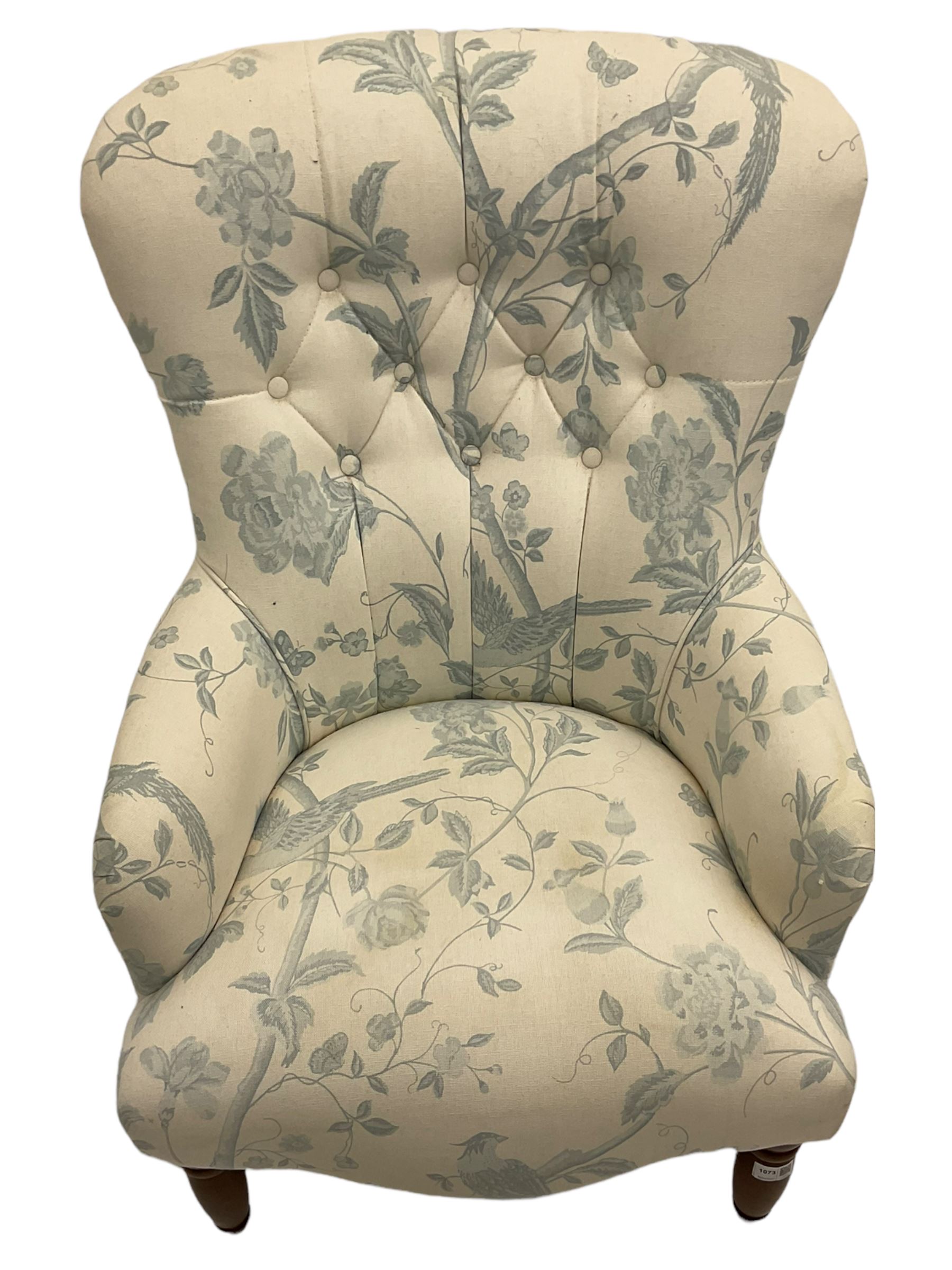 Victorian style bedroom chair, upholstered in light fabric decorated with birds and foliate, turned front feet
