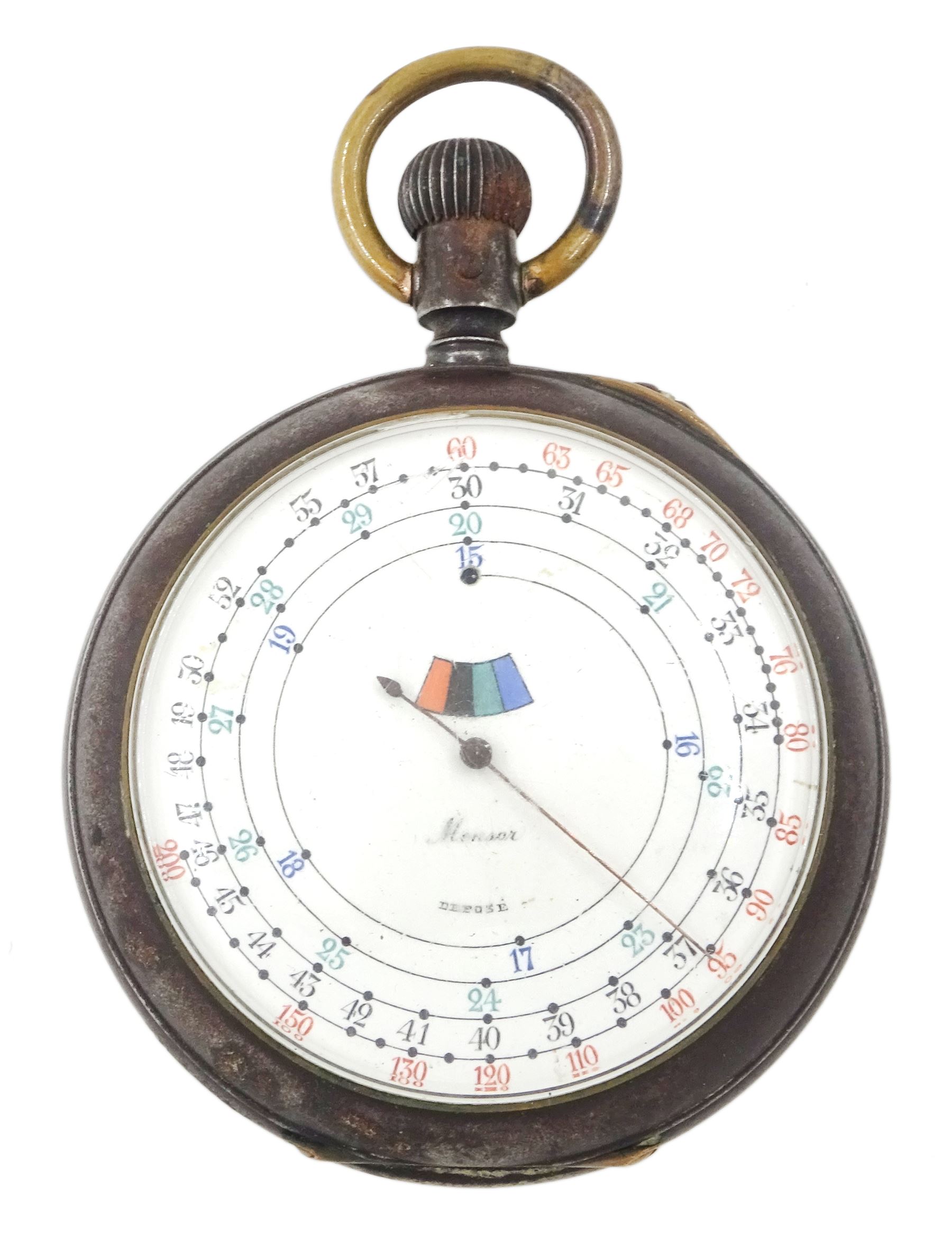 Early 20th century gun metal open face double sided chronograph speed indicator pocket watch by Mensor, white enamel dial with Roman numerals, subsidiary constant seconds and thirty minute recording dials, the signed reverse dial for speed calculation